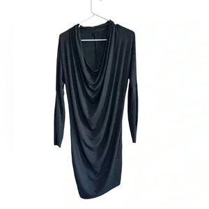 SEN COLLECTION Asymmetric Long Sleeve Draped Dress Faux Leather Detail SZ XS